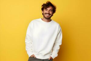 Young man wearing white sweatshirt mockup, at yellow background. Design pullover template, print presentation mock-up. AI generated. photo