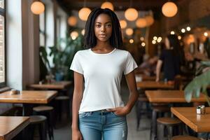 Young woman wearing bella canvas white t shirt and jeans, at a cozy restaurant on summers day. Design tshirt template, print presentation mockup. Ai generated. photo