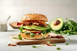 Fresh bagel with bacon, avocado, tomatoes and green salad on wooden board, close up on light background. AI generated. photo