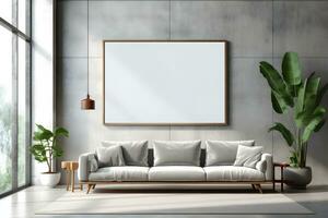 Rectangular frame poster mockup, on light concrete wall in living interior with modern boho furniture and big window, century gray sofa, scandinavian style interior decoration. Generated AI. photo