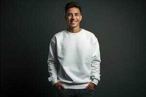 Young man wearing white sweatshirt mockup, at dark background. Design pullover template, print presentation mock-up. AI generated. photo