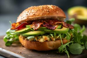 Fresh bagel with bacon, avocado, cheese and green salad on wooden plate, close up on dark background. AI generated. photo