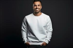 Young man wearing white sweatshirt mockup, at dark background. Design pullover template, print presentation mock-up. AI generated. photo