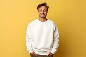 Young man wearing white sweatshirt mockup, at yellow background. Design pullover template, print presentation mock-up. AI generated. photo