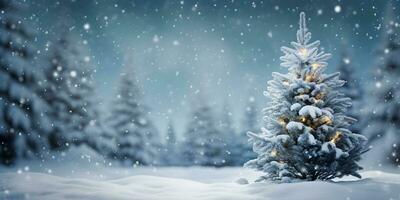 decorado Navidad árbol con nieve en el bosque antecedentes. invierno nevada paisaje Bosquejo con Copiar espacio. ai generado foto