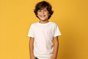 Male child, boy wearing bella canvas white shirt mockup, at yellow background. Design tshirt template, print presentation mock-up. AI generated. photo