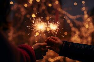 Hands of young couple holding flaming fireworks on festive gold glowing bokeh background. Celebration background with sparklers. AI generated photo