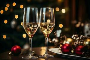 Champagne glasses on festive table with gold glowing bokeh background. Celebration background with sparkling wine. AI generated photo