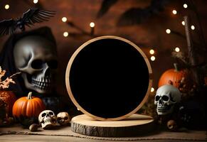 Halloween round sign mockup with pumpkins, skulls, bat and fallen leaves on dark background. Black board with autumn holiday decoration with copy space. Generated AI. photo