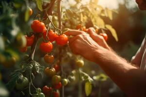 Close up of farmer male hands picking red cherry tomatoes. Organic food, harvesting and farming concept. Generated AI. photo