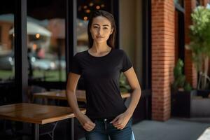 Young brunette woman wearing bella canvas black t shirt and jeans, at a cozy restaurant on summers day. Design tshirt template, print presentation mockup. Ai generated. photo