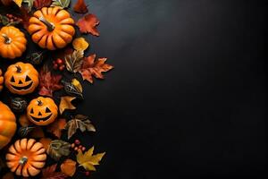 Happy halloween flat lay mockup with pumpkins and leaves on black background. Autumn holiday concept composition. Top view with copy space. Generated ai. photo