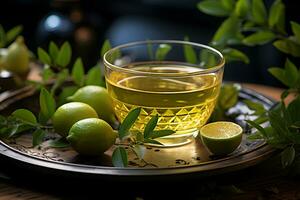 taza de aromático limón té con Fresco hojas y frutas rebanadas en el mesa. orgánico y natural, caliente sano bebida. ai generado foto