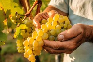 Close up of farmer male hands picking white grape. Organic fruits, harvesting and farming concept. Generated AI. photo