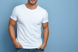 Young man wearing bella canvas white shirt mockup, at blue background. Design tshirt template, print presentation mock-up. AI generated. photo