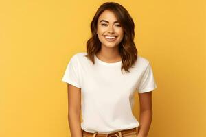 Young woman wearing bella canvas white shirt mockup, at yellow background. Design tshirt template, print presentation mock-up. AI generated. photo