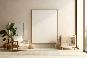 Rectangular frame poster mockup, on light concrete wall in living interior of a baby room, with modern boho furniture and with baby cot, scandinavian style interior decoration. Generated AI. photo