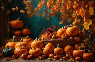 Autumn fall thanksgiving day composition with decorative pumpkins, thanksgiving concept photo