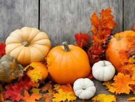 Autumn fall thanksgiving day composition with decorative pumpkins, thanksgiving concept photo