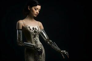 A disabled young woman in an elegant evening dress with a prosthesis instead of arms on a dark background with copy space. AI generated photo