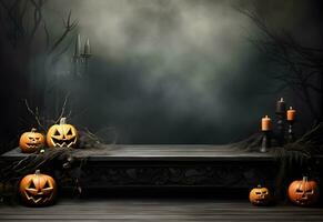 Empty black halloween table mockup with pumpkins, candles, spooky decoration and dark mystical forest background. Generated AI. photo