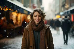 Young woman on christmas market with snowy weather, enjoys winter holiday weather. AI generated photo