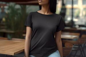 Young african woman wearing bella canvas black t shirt and jeans, at a cozy restaurant on summers day. Design tshirt template, print presentation mockup. Ai generated. photo