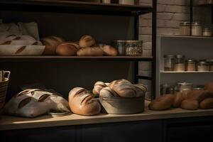 varios tipos de Fresco pan, bollos y junquillo en estantería en panadería un rústico mesa en un un pan tienda para desayuno y tarde té. ai generado. foto