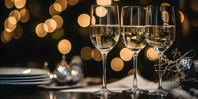 Champagne glasses on festive table with gold glowing bokeh background. Celebration background banner with sparkling wine. AI generated photo