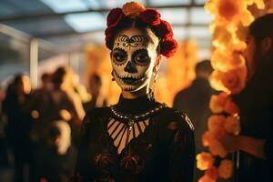 Beautiful closeup portrait of young woman in traditional Calavera Catrina outfit and makeup for the Day of the Dead at the national Mexican festival. AI generated photo