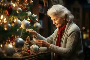 Cheerful elderly woman decorating the christmas tree. Christmas atmosphere at cozy home interior. AI generated photo