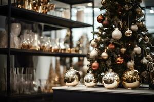 Modern store shop counter with festive christmas home decoration. AI generated photo