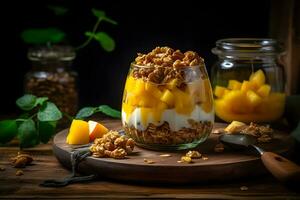 Yogurt granola parfait with sliced nuts, fresh mango fruits in a glass jar on dark background. Generative AI. photo