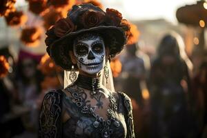 hermosa de cerca retrato de joven mujer en tradicional Calavera catrina atuendo y maquillaje para el día de el muerto a el nacional mexicano festival. ai generado foto