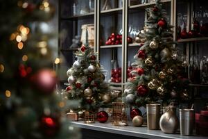 Modern store shop counter with festive christmas home decoration. AI generated photo