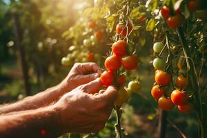 Close up of farmer male hands picking red cherry tomatoes. Organic food, harvesting and farming concept. Generated AI. photo