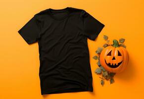Black womens t-shirt halloween mockup with pumpkin and leaves on orange background. Design t shirt template, print presentation mock up. Top view flat lay. Generated AI. photo