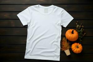 White womens t-shirt halloween mockup with pumpkins and leaves on dark background. Design t shirt template, print presentation mock up. Top view flat lay. Generated AI. photo