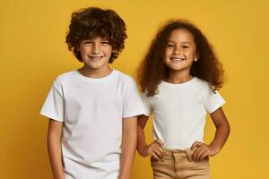 Male and female child, boy and girl, siblings wearing bella canvas white shirt mockup, at yellow background. Design tshirt template, print presentation mock-up. AI generated. photo