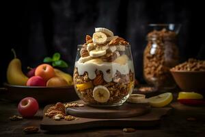 Yogurt granola parfait with sliced nuts, banana, fresh fruits and berries in a glass jar on dark background. Generative AI. photo