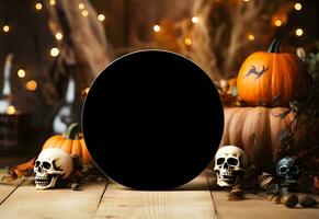 Halloween round sign mockup with pumpkins, skulls and fallen leaves on dark background. Black board with autumn holiday decoration with copy space. Generated AI. photo