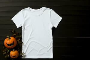 White womens t-shirt halloween mockup with pumpkins and leaves on dark background. Design t shirt template, print presentation mock up. Top view flat lay. Generated AI. photo