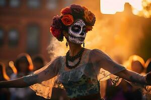 Beautiful closeup portrait of young woman in traditional Calavera Catrina outfit and makeup for the Day of the Dead, dancing at the national Mexican festival. AI generated photo