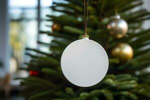 Christmas white glossy round bauble ornament on christmas tree background with decoration. AI generated photo