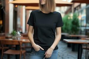 Young woman wearing bella canvas black t shirt and jeans, at a cozy restaurant on summers day. Design tshirt template, print presentation mockup. Ai generated. photo