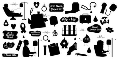 Blood donor silhouette collection of flat style elements, lettering, characters vector