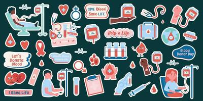 Blood donor stickers collection of flat style elements, lettering, characters vector