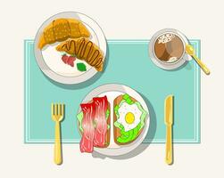 Breakfast healthy,bacon sandwiches fried egg with avocado. Croissants for dessert and a cup of coffee. Vector illustration top view. suitable for the design of the menu of a coffee shop or dining room