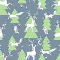 Seamless Vector pattern with Cute Woodland Animals in forest. Winter atmosphere. Perfect for textile, wallpaper or print design. Blue Background