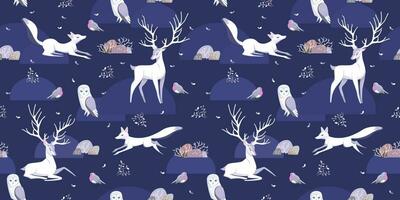 Seamless vector pattern with cute woodland Animals, Deer, Fox and Owl. Winter atmosphere. Scandinavian illustration. Perfect for textile, wallpaper or print design. Blue Background
